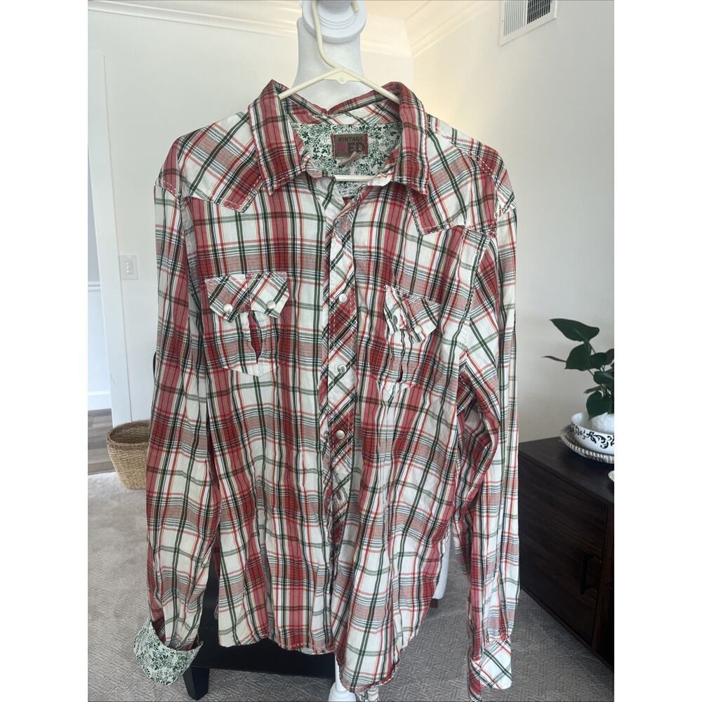 Men 2XL Vintage Western Long Sleeve Plaid Shirt Pearl Snaps Light Weight Red
